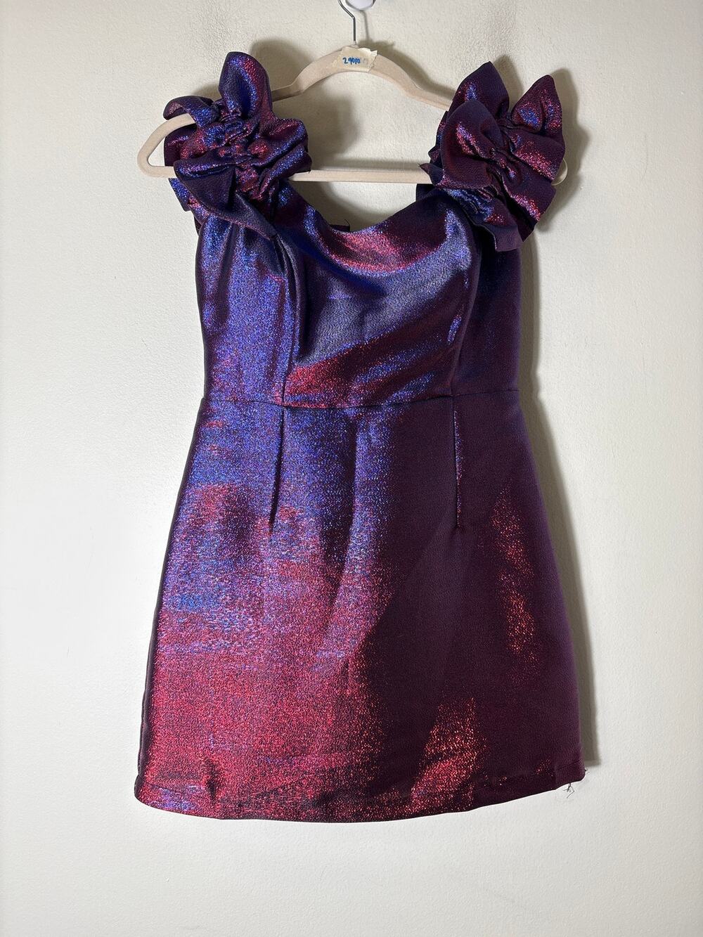 NWT DO + Be Purple/Blue Metallic Off Shoulder Body Con Mini Dress Sz S